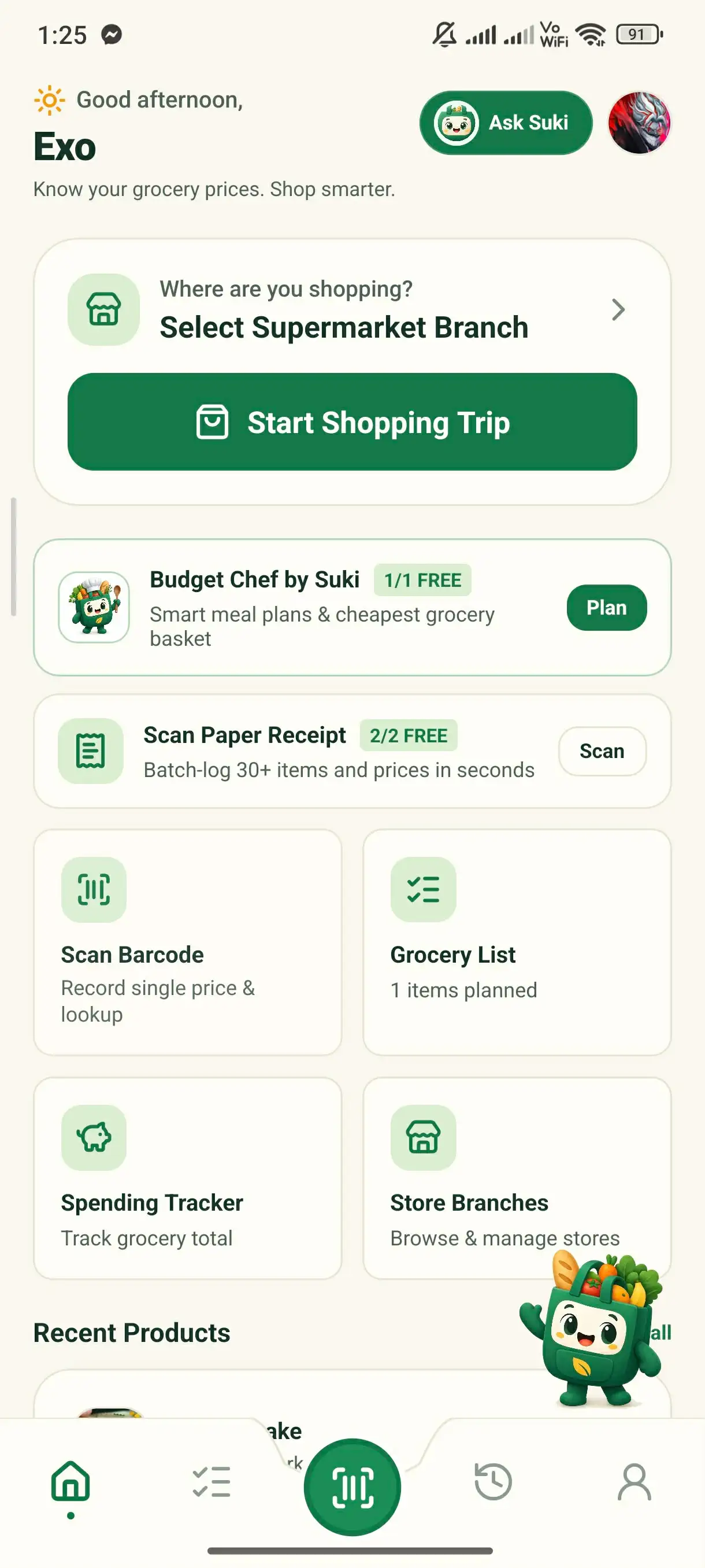 GrocerIQ Home Dashboard screen